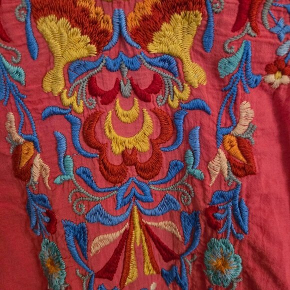 Johnny Was Deep Coral Embroidered V-neck 3/4 Sleeve Tunic Top Size S - Picture 5 of 9